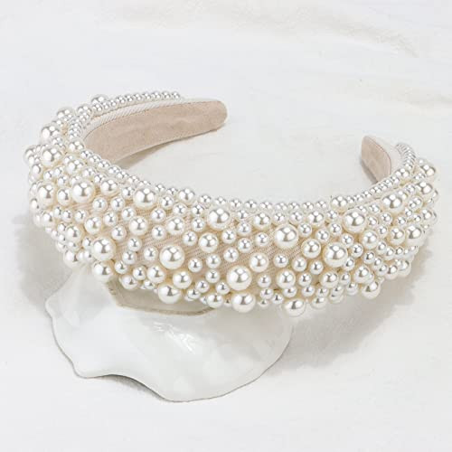 Wecoe Pearl Beaded Headband - Beige White Puffy Padded Hair Accessory for Brides, Weddings, and Fashion | Amazon (US)