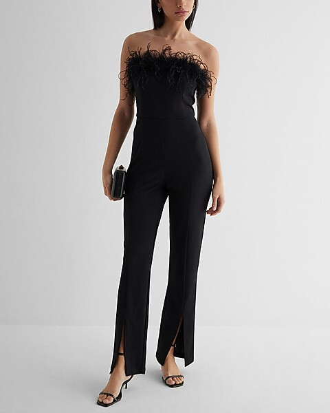 Feather Trim Strapless Split Hem Jumpsuit | Express