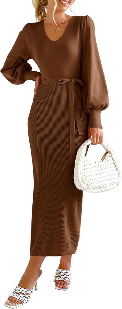 PRETTYGARDEN Women's 2023 Fall Knit Pullover Sweater Elegant Long Lantern Sleeve V Neck Maxi Dres... | Amazon (US)