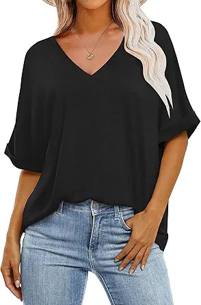 GKBK Womens Oversized T Shirts V Neck Loose Fit Shirts Short Sleeve Summer Casual Tops 2025 Trend... | Amazon (US)