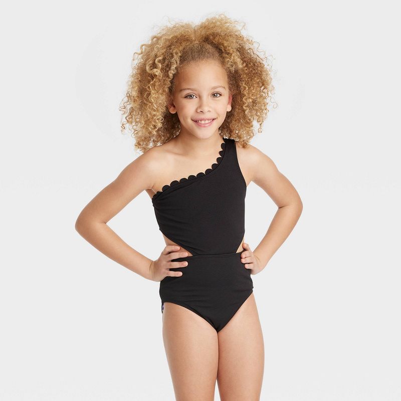 Girls' Solid Summer Scallop Swimsuit - art class™ Black | Target