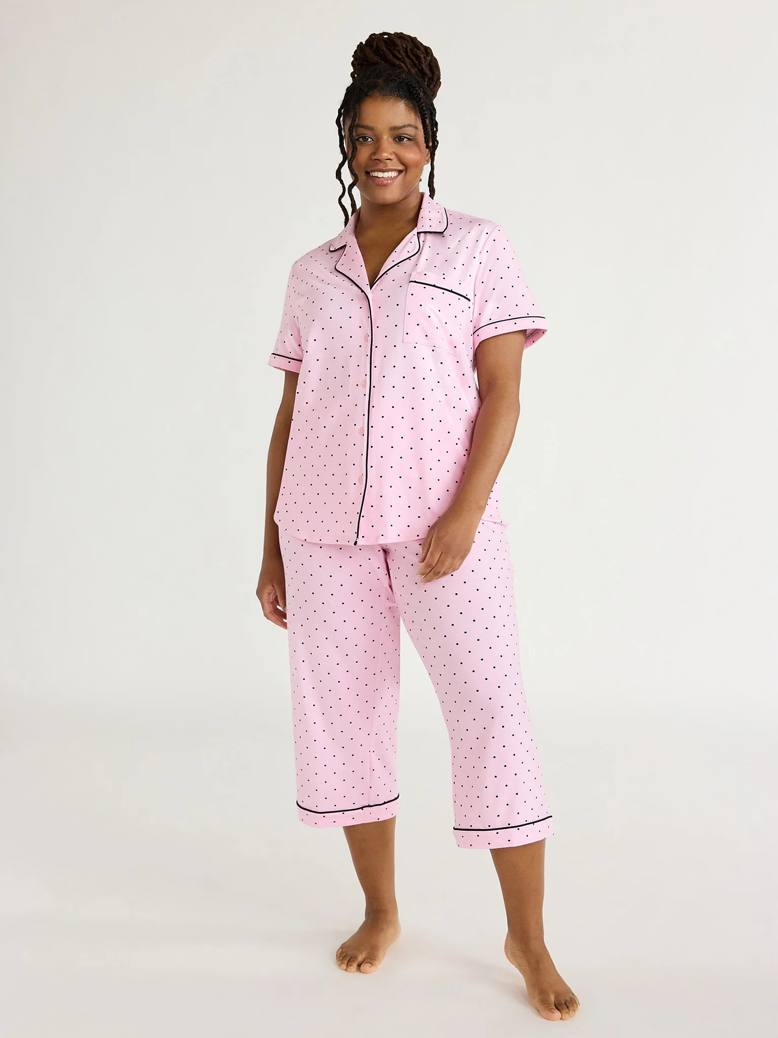 Joyspun Women's Cotton Blend Notch Collar Top and Capri Pants Pajama Set, 2-Piece, Sizes S to 4X | Walmart (US)