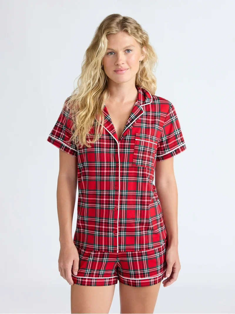 Joyspun Women’s Dreamy Soft Collection Notch Collar Knit Top and Boxer Shorts Pajama Set, Sizes... | Walmart (US)
