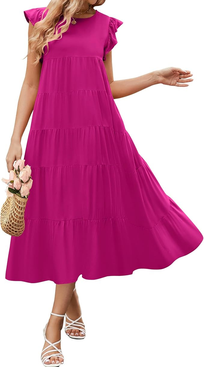 ZESICA Women's 2023 Summer Ruffle Cap Sleeve Crewneck Casual Loose Flowy Pleated Tiered Midi Dres... | Amazon (US)