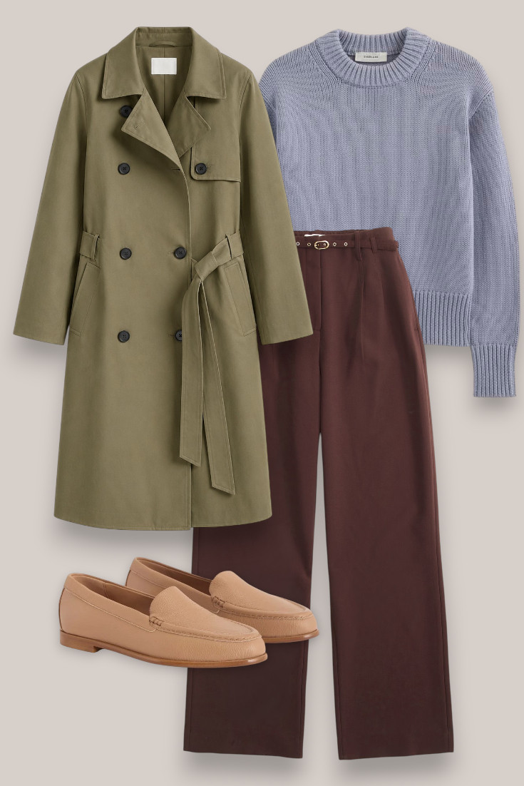 Proof that a fall wardrobe doesn’t have to be all beige 🍂 I love these muted autumn shades together—the olive trench, soft blue knit and burgundy wide leg trousers feel colourful while still being really wearable. 

 #LTKautumn #LTKworkwear #LTKstyletip