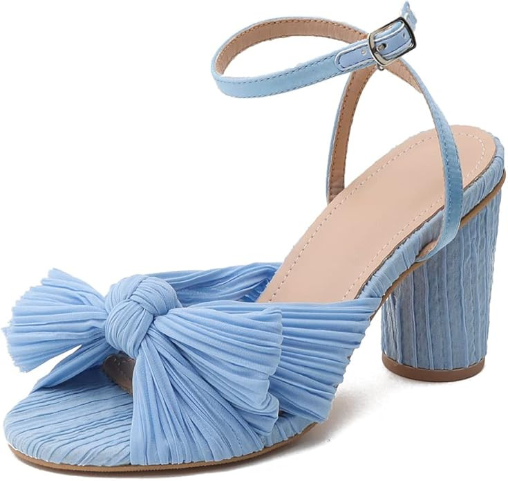 Mattiventon Womens Bowknot Heeled Sandals Bridal Wedding Open Toe Ankle Strap Chunky Heeled Sanda... | Amazon (US)