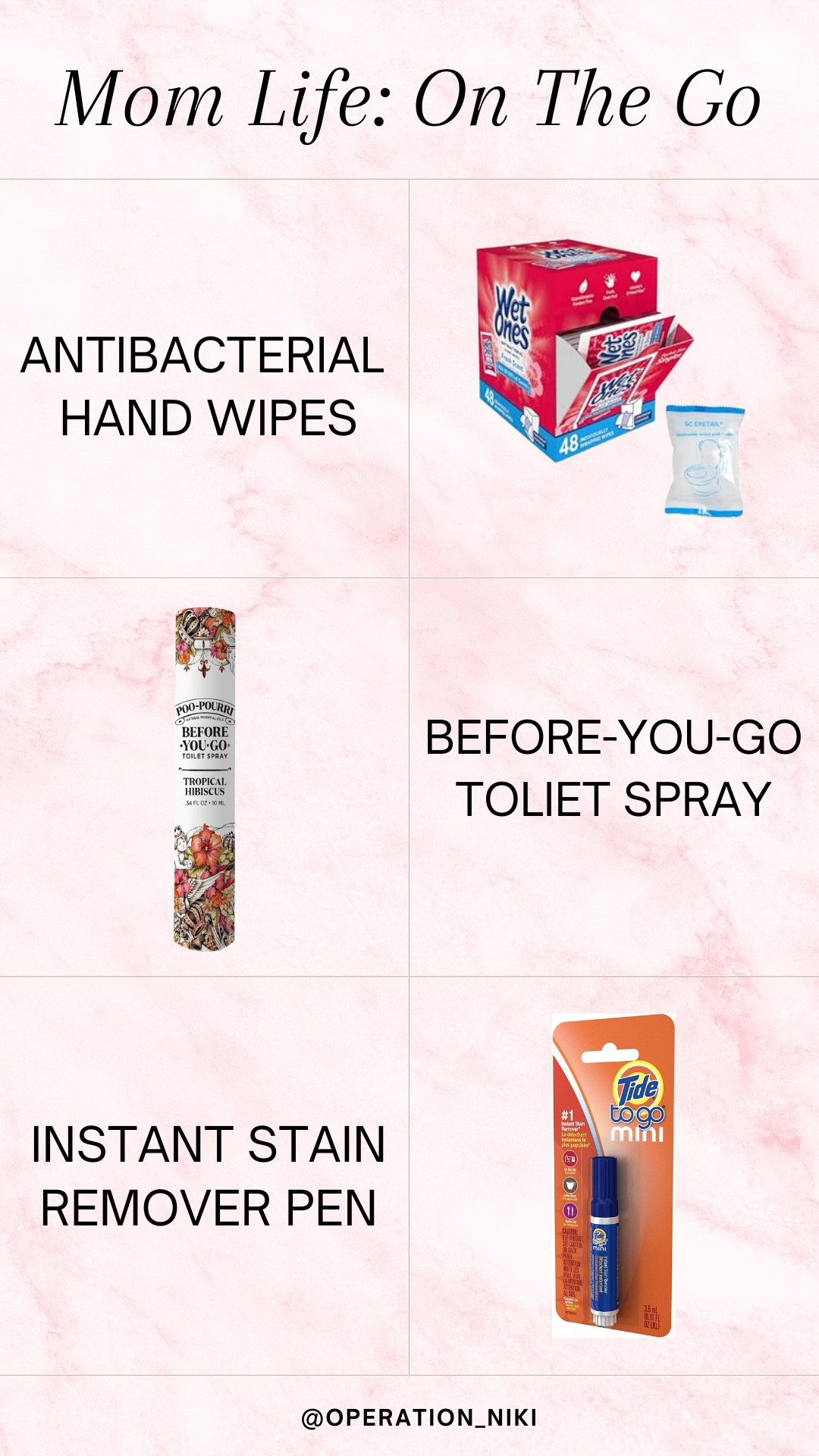 Mom life on the go! ✨ Always have my travel-size wipes and stain remover handy—because messes happen, and I’m always ready to tackle them. Keeping it smooth and stress-free, no matter where the day takes us! 🧴💖Follow for more @OPERATION_NIKI on IG, TikTok, & Facebook sahm, amazon finds, home essentials, beauty closet, mom bag, organized home, mom purse, cleaning must haves, cleaning tips, organization, travel bag, bedroom clean, cleaning, organization, cleaning tools, house clean, odors, house spray, spring beauty, self care, vacation, mom bag, travel essentials, mom hacks, travel bag

#LTKItBag #LTKTravel #LTKFamily
