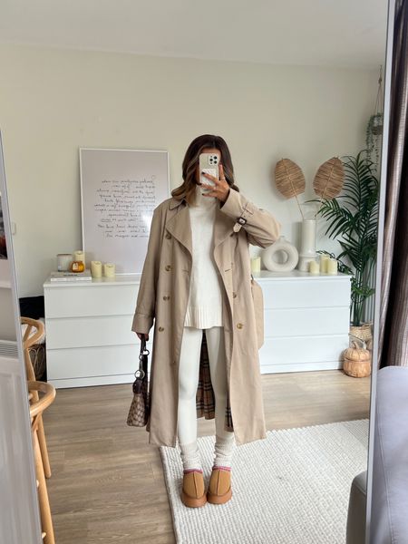 Cream outfit wearing tuckable jumper from Abercrombie styled with another version cream leggings and ugg Tasman dupes - a classic outfit with a trench coat for autumn 

#LTKeurope #LTKstyletip #LTKfindsunder50