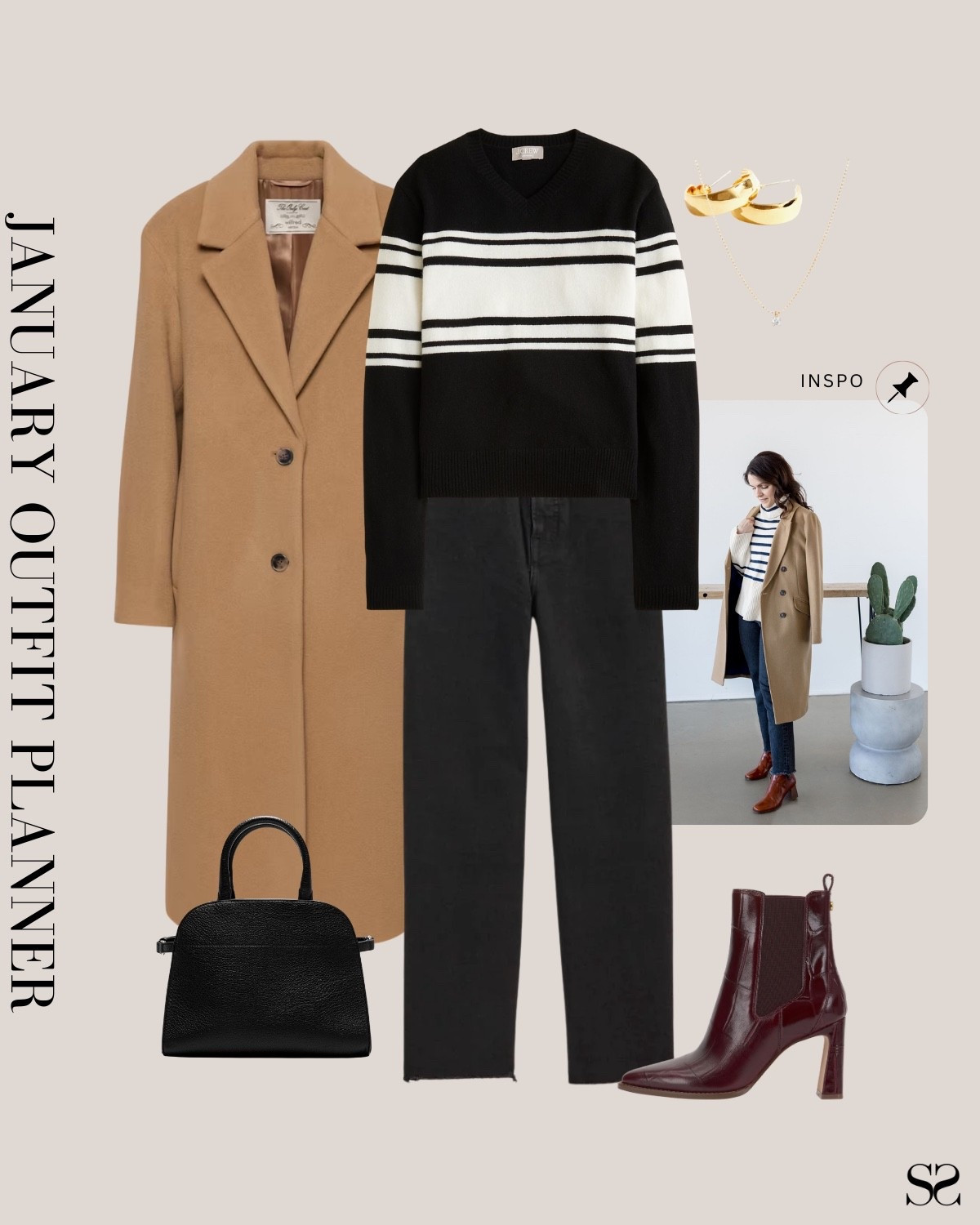 Monthly outfit planner JANUARY: Winter outfits | black jean, striped black sweater, camel coat, burgundy boot, black satchel handbag 

#classicstyle #LTKstyletip #winteroutfit #casualchic


#LTKSeasonal #LTKgrwm #LTKootd