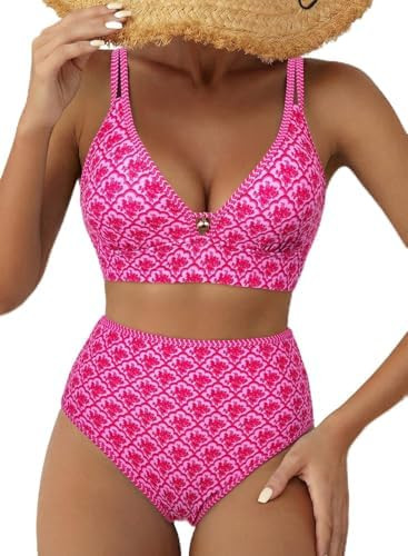 Women's 2 Piece Floral Print Bikini Sets V Neck Stitch Swimsuits High Waisted Bathing Suit Beach ... | Amazon (US)