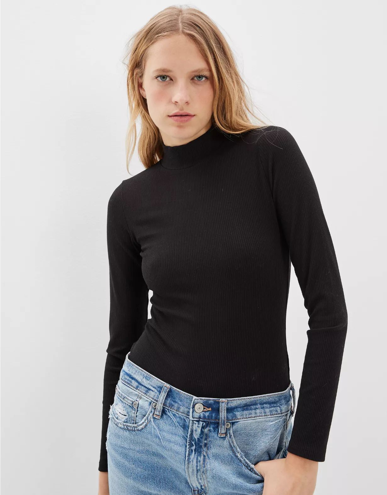 AE Long-Sleeve Mock Neck Bodysuit | American Eagle Outfitters (US & CA)
