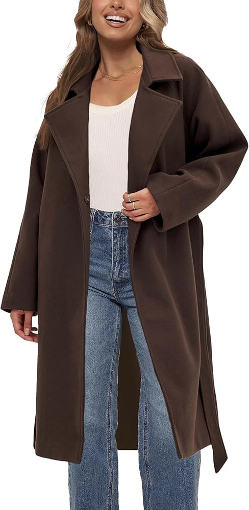 Belted Coat for Women Winter Classic Loose Open Front Notch Lapel Trench Peacoat Long Outwear wit... | Amazon (US)
