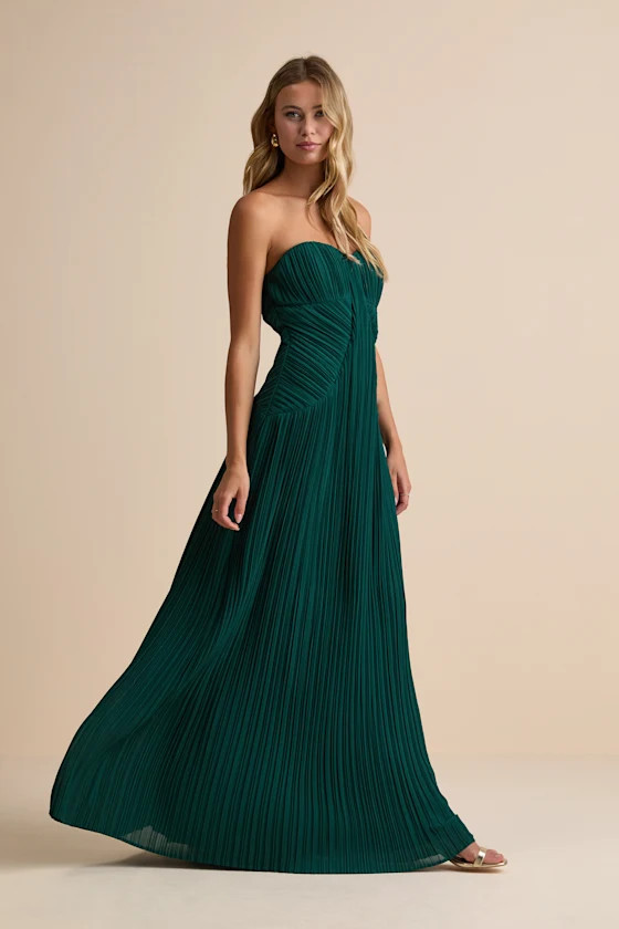 Narasha Emerald Green Pleated Strapless Maxi Dress | Lulus