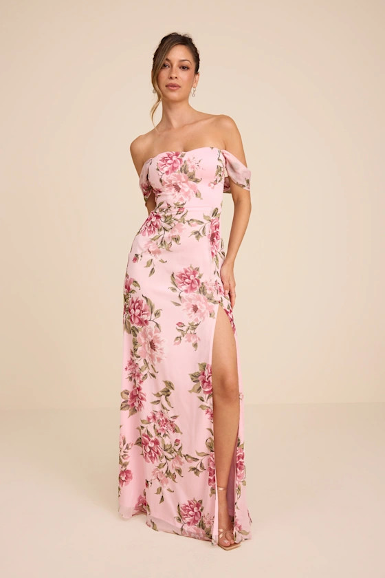 Magical Magnetism Light Pink Floral Off-the-Shoulder Maxi Dress | Lulus