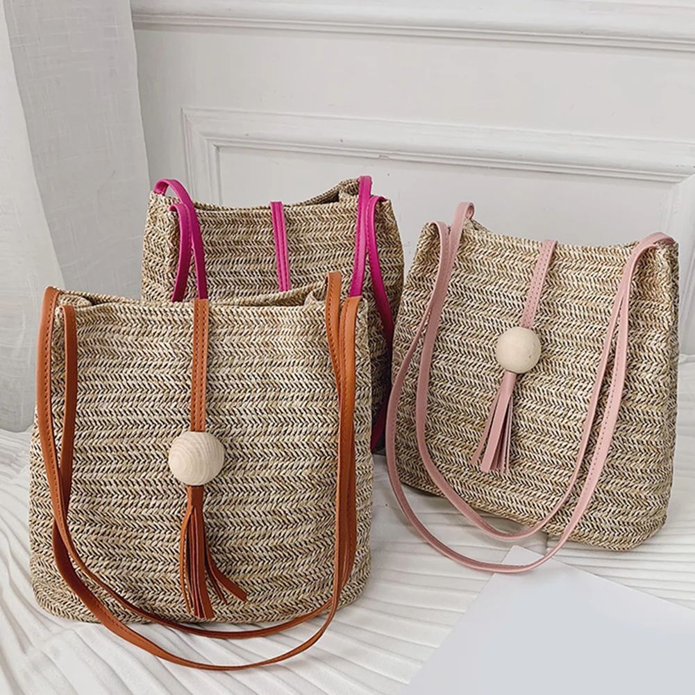 Farfi Summer Beach Women Straw Weave Handbag Wooden Ball Tassel Tote Shoulder Bag | Walmart (US)