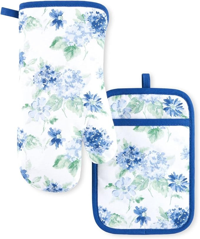 Martha Stewart Amber Floral Oven Mitt & Pot Holder Set 2-Pack, Blue/Green, OM: 7"x13" & PH: 7"x10... | Amazon (US)