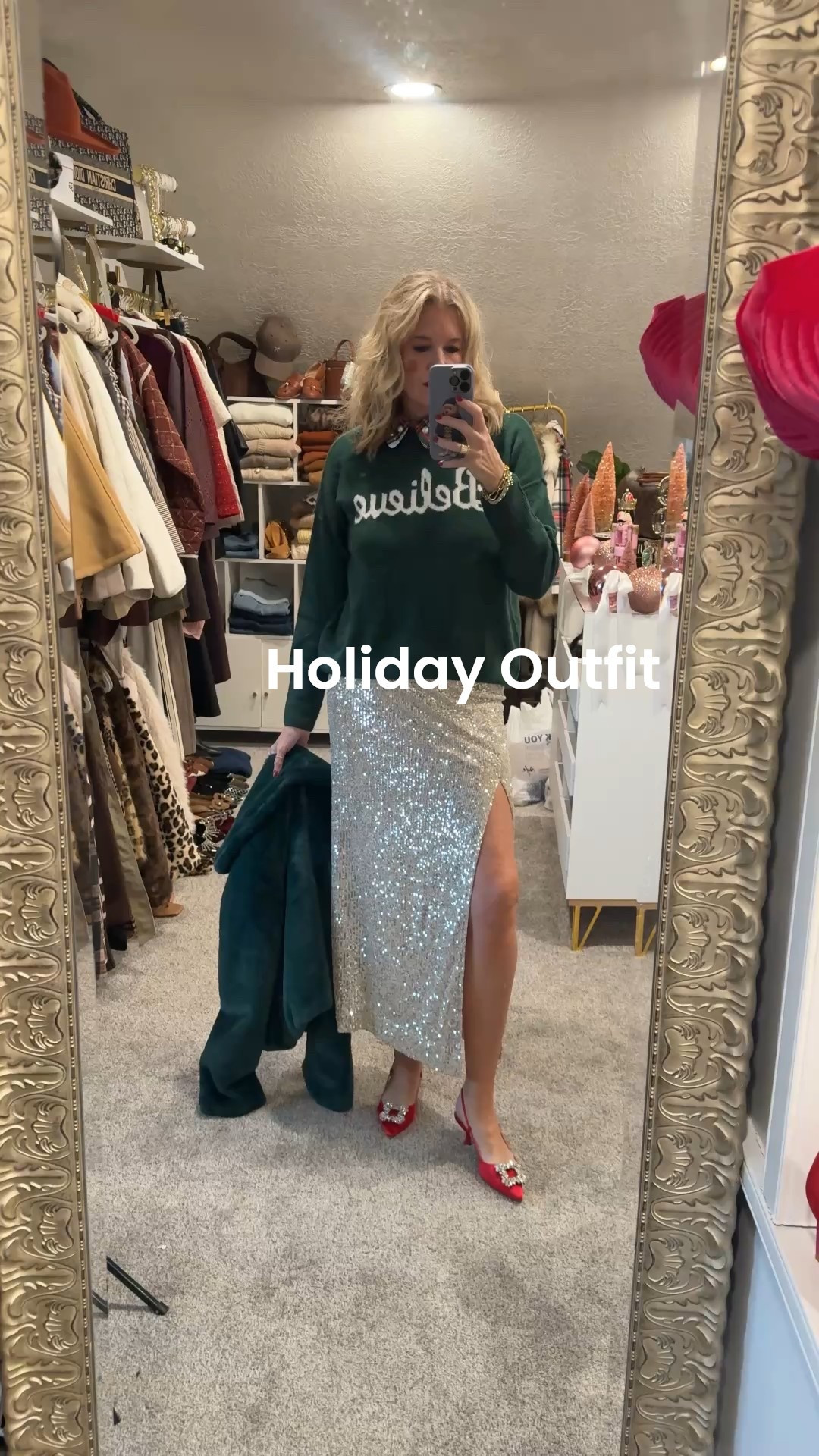 Holiday Outfit
Sparkle and fur✨

This is a great outfit for any winter glam social event or date night ✨🍾

Switch out the sweater for a solid color or seasonal word

I would wear this for New Year’s Eve.

Sequins maxi skirt with front slit. Side zip tts I am in small 
Save 10% off with code DARCY10

Green fur hip length jacket 
Fit tts 

Plaid pearl collar (this one is last season and no longer available) 
Linked other options 

Believe sweater is Vincent cummutio tts 
Switch out and wear any festive or solid color sweater tts in med 

Red satin kitten heel with rhinestone tts 

Green stone drop earrings Anthropologie 

Green Dean Davidson gold ring and a Julie voz ring 


#LTKHoliday #LTKootd #LTKOver40