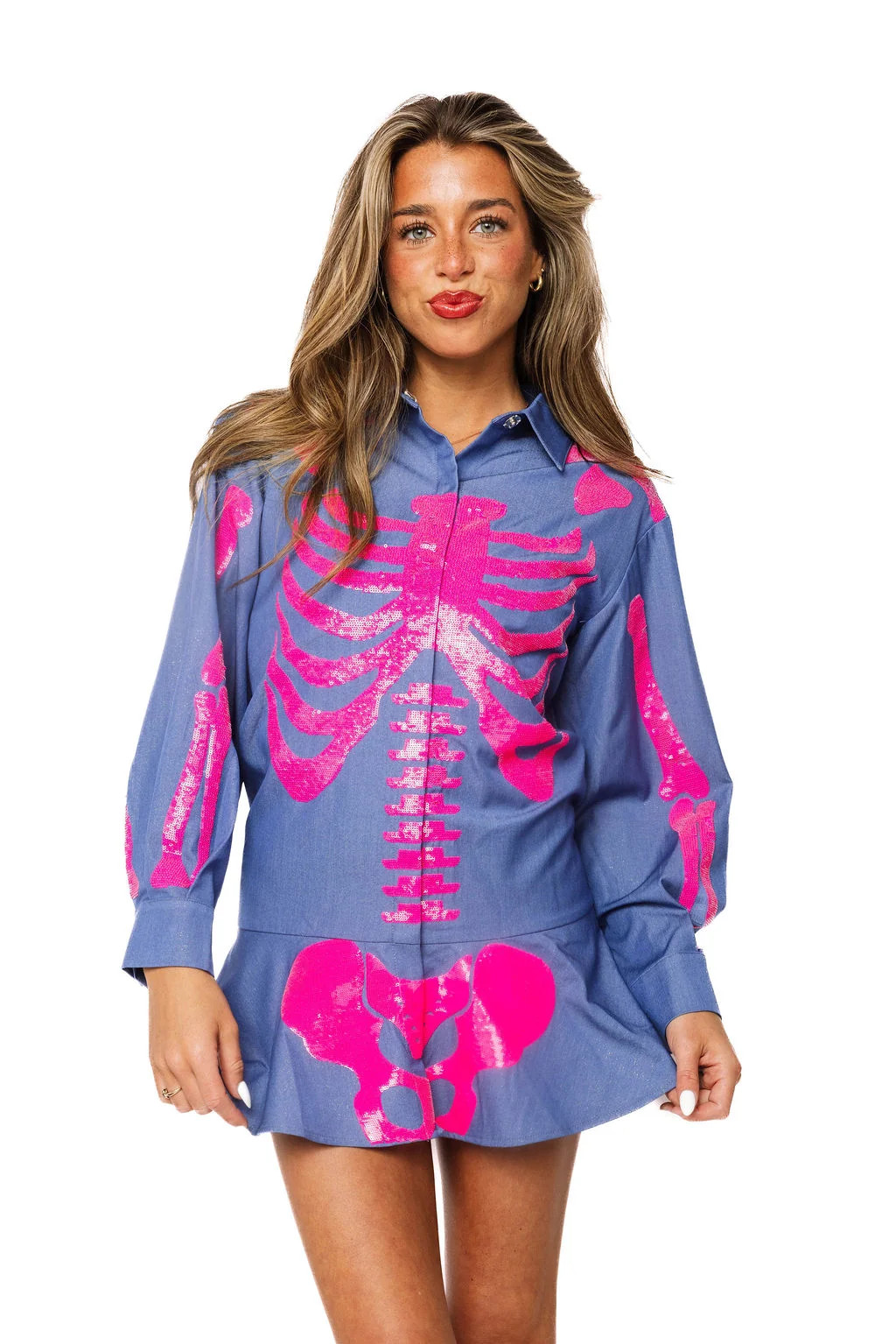 Denim & Pink Sequin Skeleton Button Up Dress | Queen of Sparkles