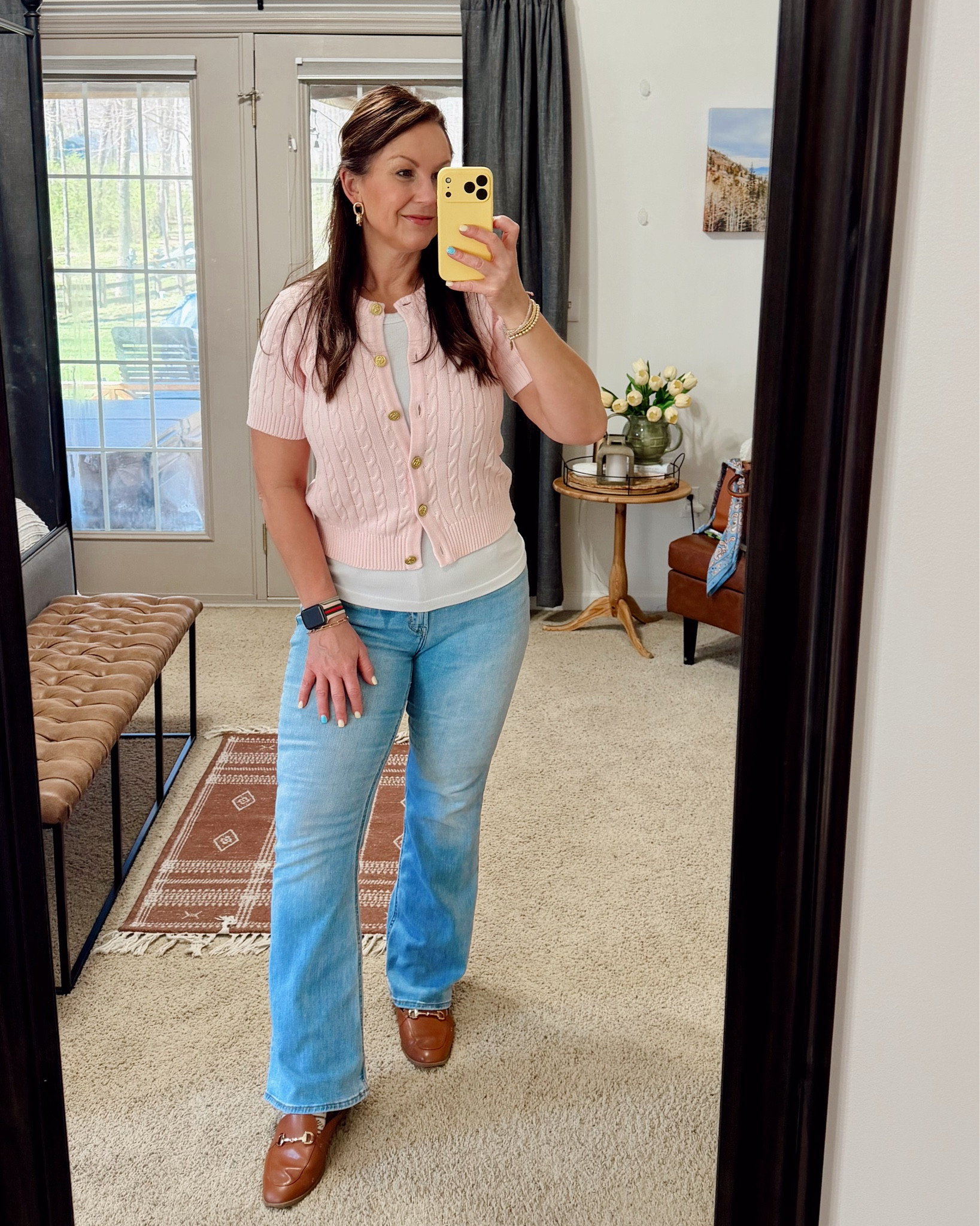 This pink cardigan with gold coastal button looks and feels like an expensive brand, but it’s a fraction of the cost! Would also look super cute over a strappy dress. 
Sweater: large
Tank: large
Jeans: 12
Shoes: TTS

Flare jeans | spring sweater | coastal style | gold accessories 
spring outfits 2026

#LTKWorkwear #LTKMidsize #LTKOver40
