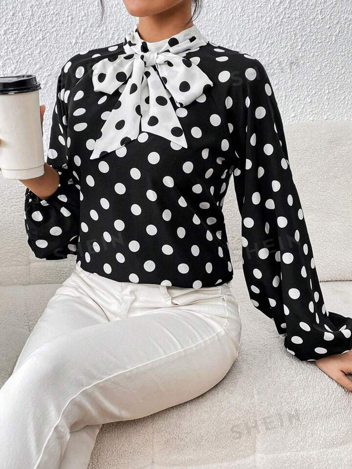 SHEIN Privé Polka Dot Tie Neck Lantern Sleeve Blouse | SHEIN