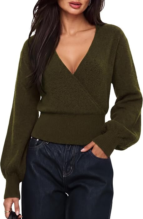SUUKSESS Women Cashmere Blend V Neck Wrap Sweater Long Sleeve Knit Tops | Amazon (US)