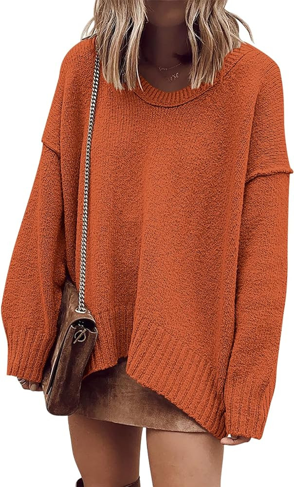 ANRABESS Women's Oversized Casual Loose Slouchy Scoop V Neck Batwing Long Sleeve Knit 2024 Fall P... | Amazon (US)