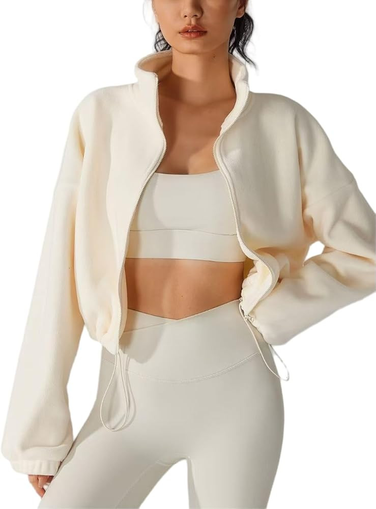 Womens Fleece Short Jacket Long Sleeve Full Zip Stand Collar Sherpa Crop Coat | Amazon (US)