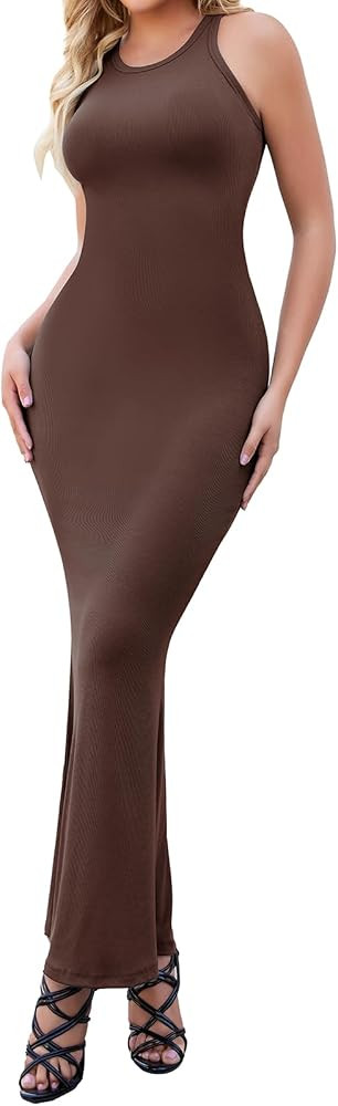 JOYSHAPER Women's Maxi Bodycon Dress Crew Neck Sleeveless Shaper Dress Long Dress | Amazon (US)