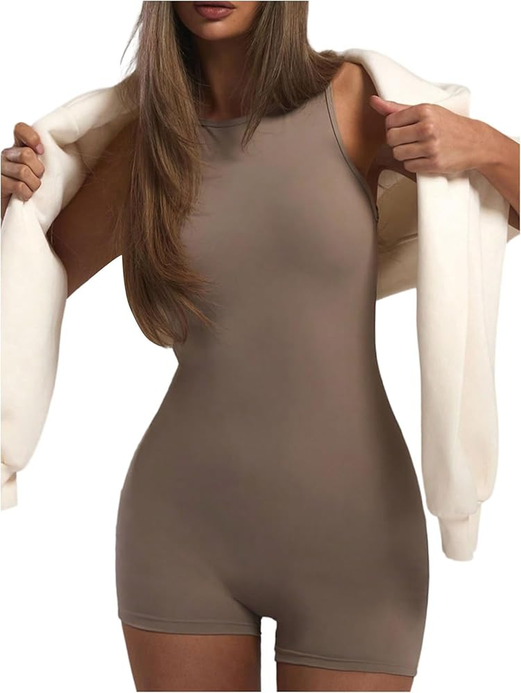 WDIRARA Women's Sleeveless Workout Romper Bodycon One Piece Yoga Shorts Jumpsuit | Amazon (US)