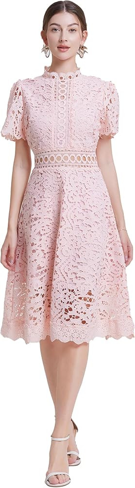 LAI MENG FIVE CATS Women's Short Sleeves Lining Lace Hollow Braided Waistband Solid Color Casual ... | Amazon (US)