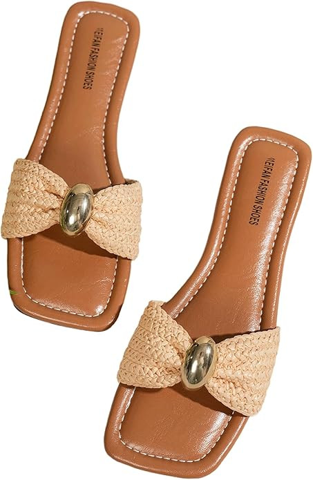 GORGLITTER Women's Square Toe Raffia Flat Sandals Summer Beach Cute Braided Strappy Straw Metal S... | Amazon (US)