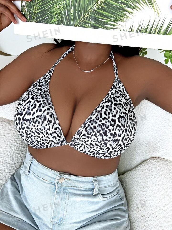 SHEIN Swim Curve Summer Beach Plus Leopard Print Tie Backless Halter Bikini Top | SHEIN