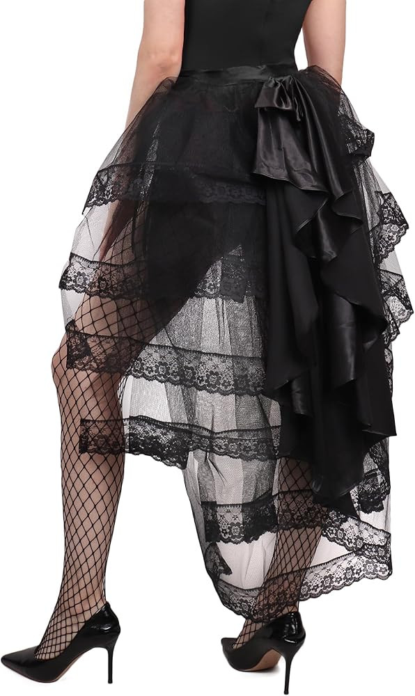 Gothic Steampunk Tulle Bustle Skirt Lace Victorian Tie-on Tutu Pannier with Big Black Bow for Halloween | Amazon (US)