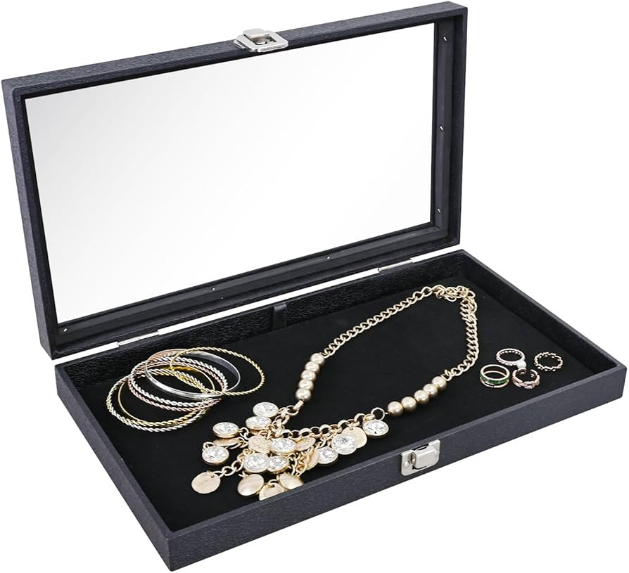 Ikee Design Leatherette Wooden Jewelry Display Case with Glass Top and Black Velvet Pad, Home Org... | Amazon (US)