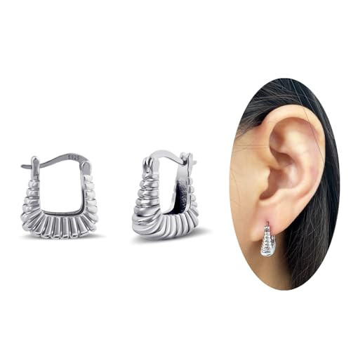Silver Square Twisted Hoop Earrings for Women Minimalist Geometric Earrings Silver Huggie Hoops Earrings for Gift | Amazon (US)