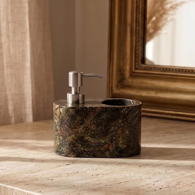 Brown Marble Soap Dispenser with Toothbrush Holder – Natural Stone Bathroom Vanity Set | Luxury... | Amazon (US)