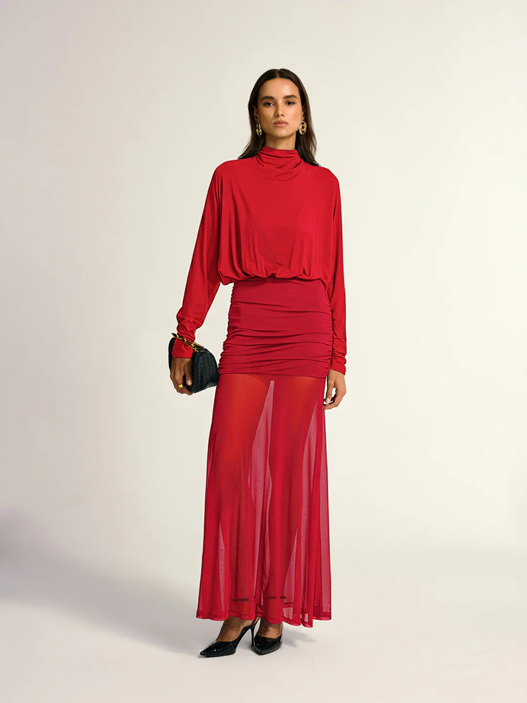 Turtleneck Long Sleeve Drape Ruched Mesh Dress | Commense