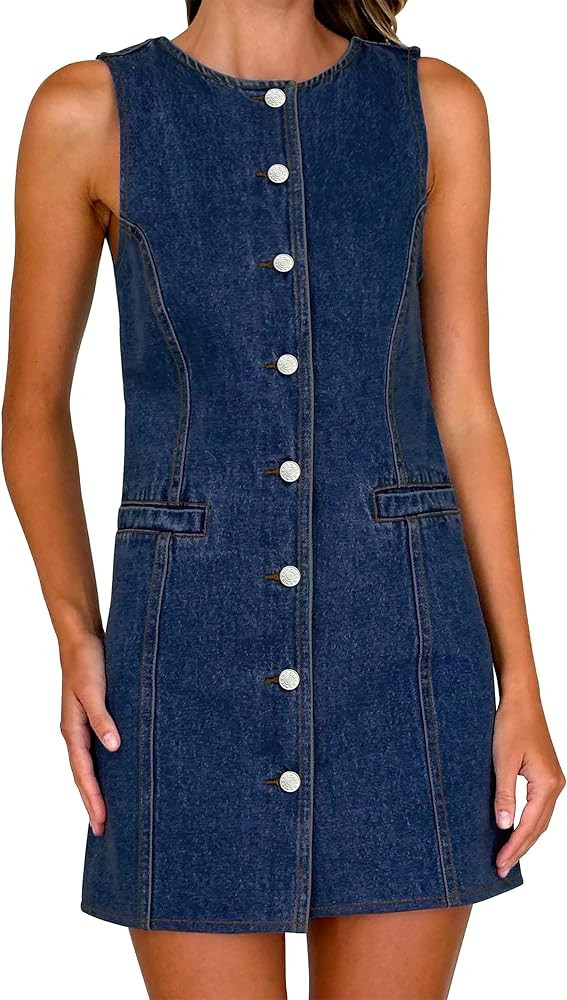 Women's Denim Dress Jean Sleeveless Button Down Shirt Mini Tank Casual Summer Dresses with Pocket... | Amazon (US)