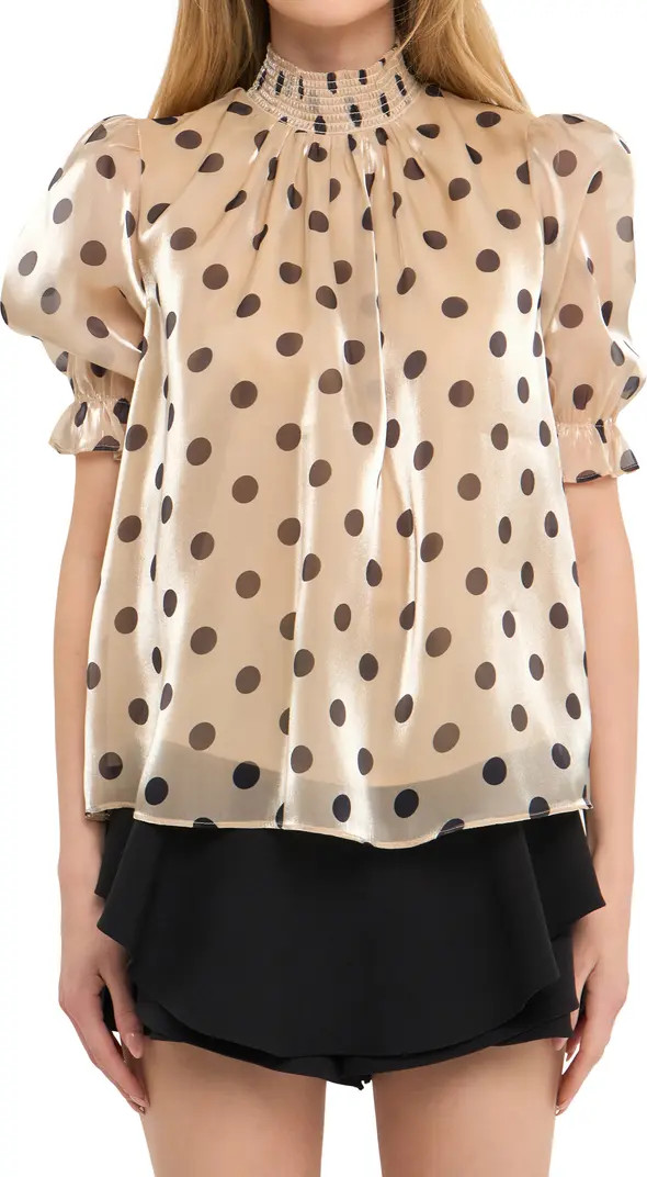 English Factory Polka Dot Puff Sleeve Satin Top | Nordstrom | Nordstrom