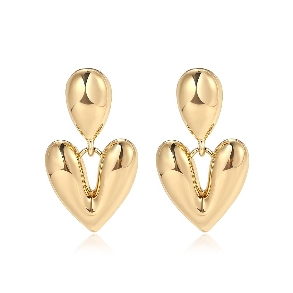 Gold Heart Drop Earrings for Women Small Chunky Statement Dangle Earrings Trendy Love Heart Jewel... | Amazon (US)