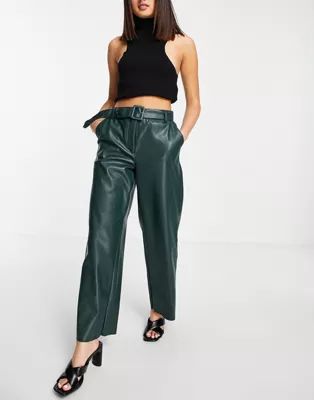 Vila leather look belted wide leg trousers in green | ASOS (Global)