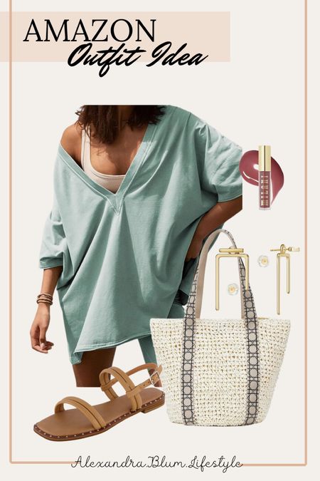 Cute travel outfit idea and resort wear! Two piece matching shorts and shirt set from Amazon with strappy sandals, tote bag, cool unique earrings and bold lip gloss! 
Summer outfit! Spring outfit! 

#LTKFestival #LTKfindsunder50 #LTKshoecrush