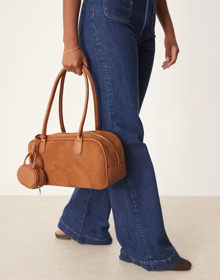 ASOS DESIGN faux suede large bowler tote bag with mini bowler bag in tan-Brown | ASOS (Global)