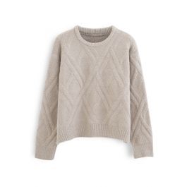 Crisscross Pattern Fuzzy Knit Sweater in Sand | Chicwish
