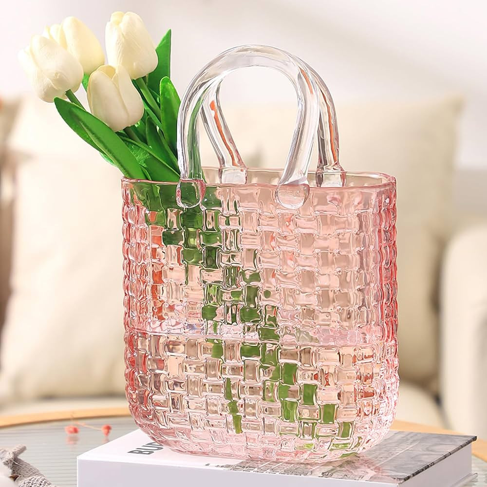 Glass Purse Vase, Pink Purse Vase for Flowers, Unique Purse Flower Vase, Flower Vase with Handle,... | Amazon (US)