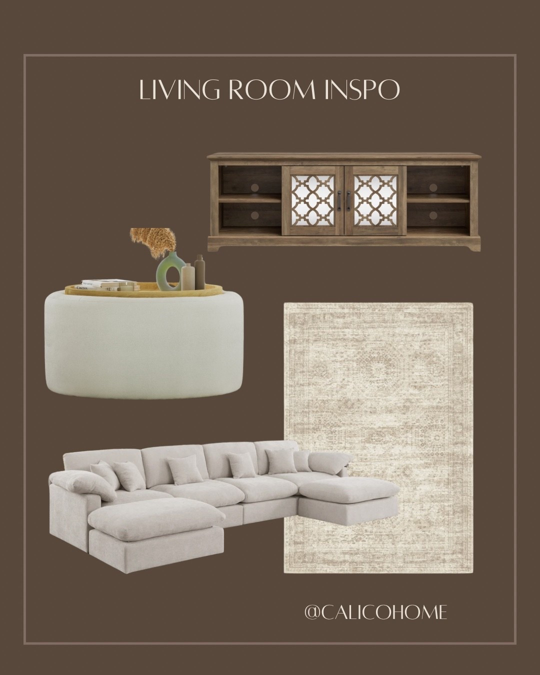 Living room inspo 

Neutral decor, cloud couch, coffee table, tv console 