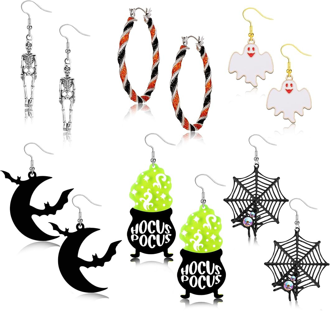 Halloween Earrings for Women,Spooky Witch's Hearth Skeleton Skull Bat Spider Web and Ghost Dangle... | Amazon (US)