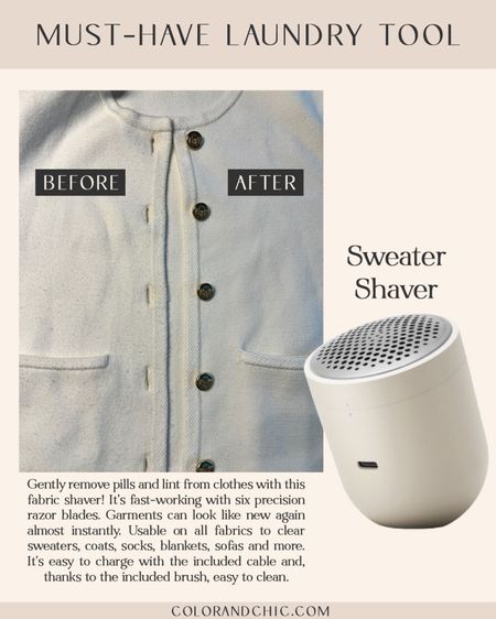 My must have laundry tool! This fabric shaver keeps all of my knitwear and other upholstery looking like new! I love this Abercrombie cardigan but since it’s a synthetic blend it started to pill. Using a sweater shaver makes it look like new again! 

#LTKstyletip #LTKhome #LTKSeasonal