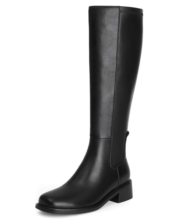 Knee High Boots Women Faux Leather Elastic Boots Low Heel Square Toe Side Zipper Fall Long Tall B... | Amazon (US)