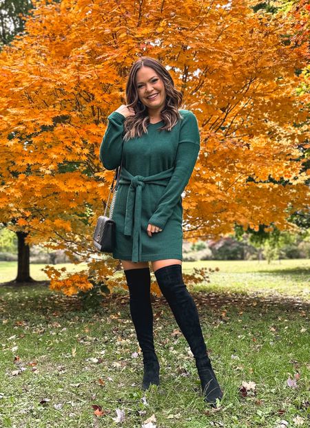 Sweater, dress season! Comes in other colors. Over the knee boots, OTK boots, sweater, dress, sweater, weather, fall outfit in spell, black boots, fall leaves, midsize style, midsize outfit inspo 

#LTKcurves #LTKstyletip